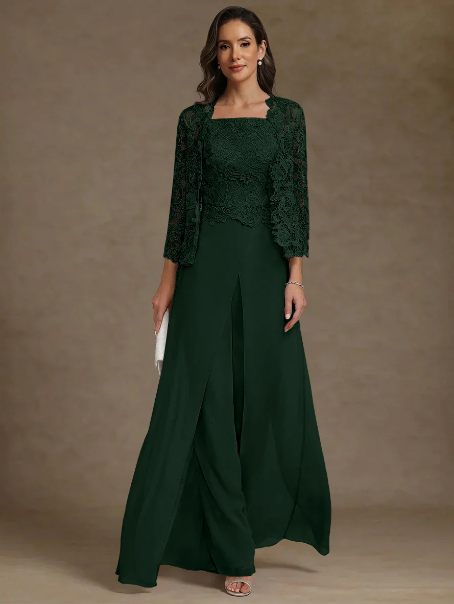 3 Pieces Square Collar Chiffon Mother of the Bride Pantsuits with Jacket Lace Ankle-Length with Overskirt Long Sleeves - Image 28