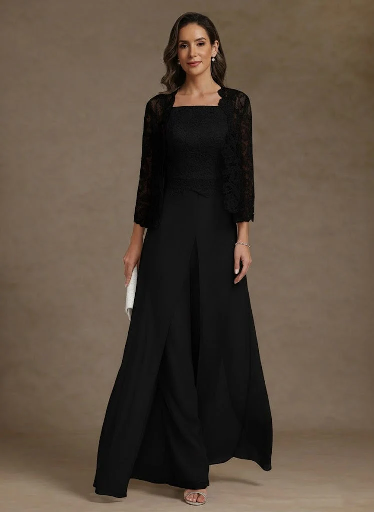 3 Pieces Square Collar Chiffon Mother of the Bride Pantsuits with Jacket Lace Ankle-Length with Overskirt Long Sleeves - Image 3