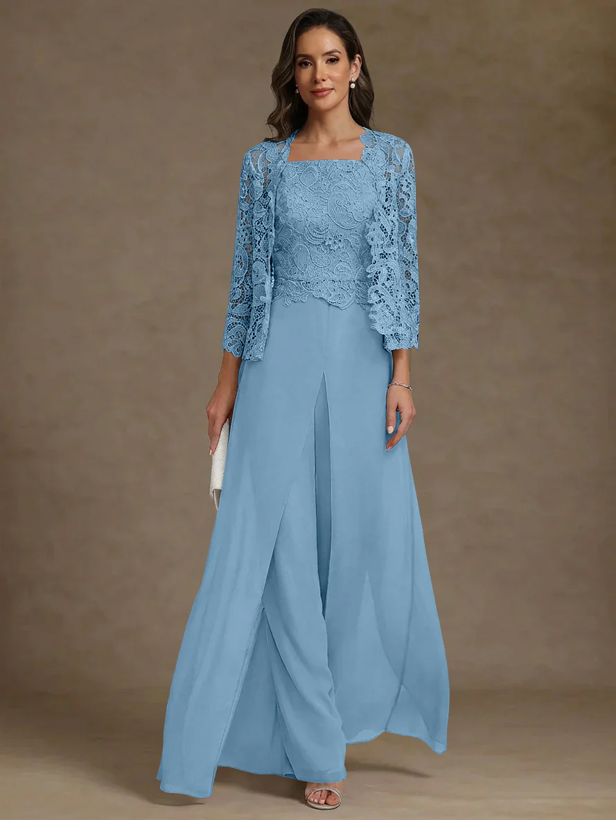 3 Pieces Square Collar Chiffon Mother of the Bride Pantsuits with Jacket Lace Ankle-Length with Overskirt Long Sleeves - Image 31