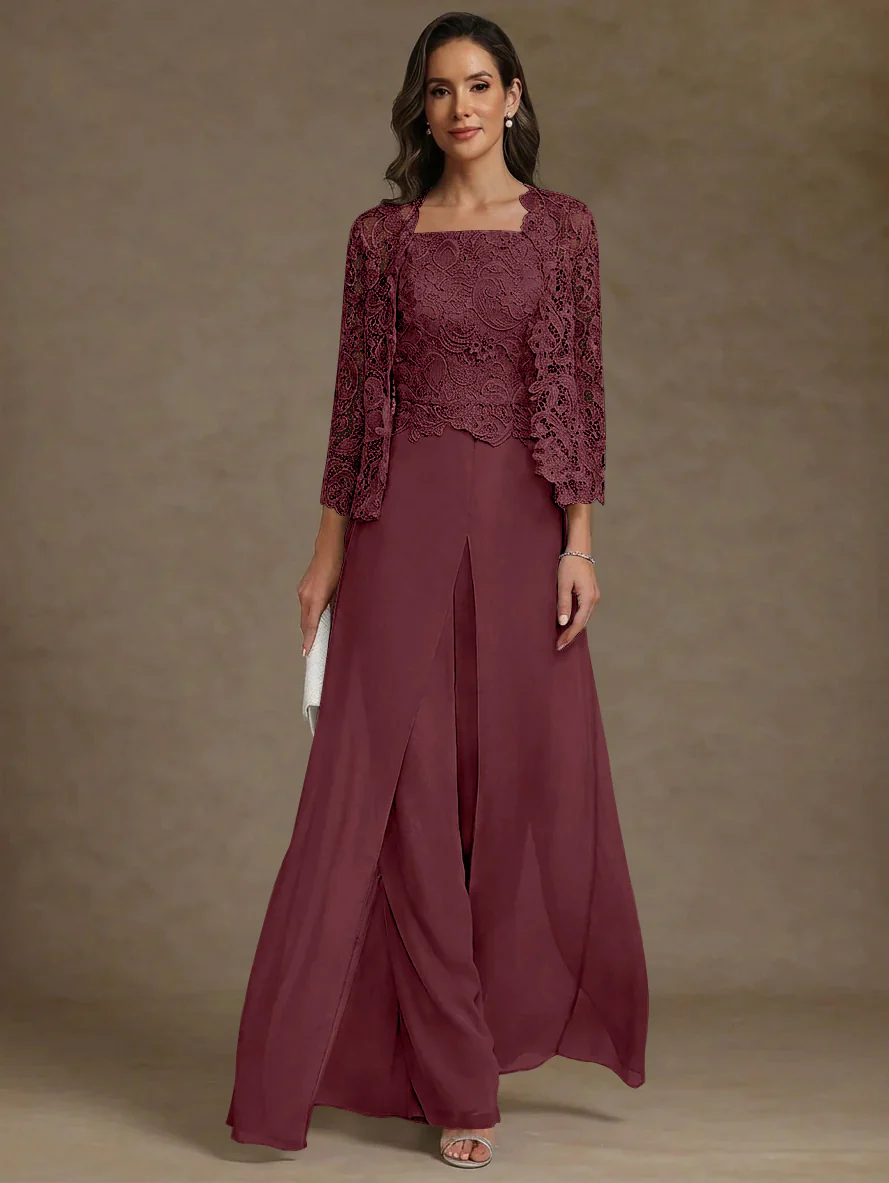 3 Pieces Square Collar Chiffon Mother of the Bride Pantsuits with Jacket Lace Ankle-Length with Overskirt Long Sleeves - Image 34