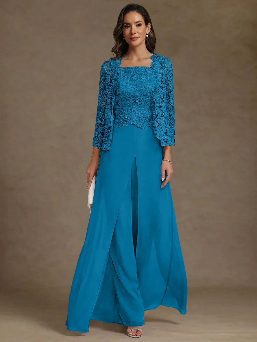 3 Pieces Square Collar Chiffon Mother of the Bride Pantsuits with Jacket Lace Ankle-Length with Overskirt Long Sleeves - Image 35