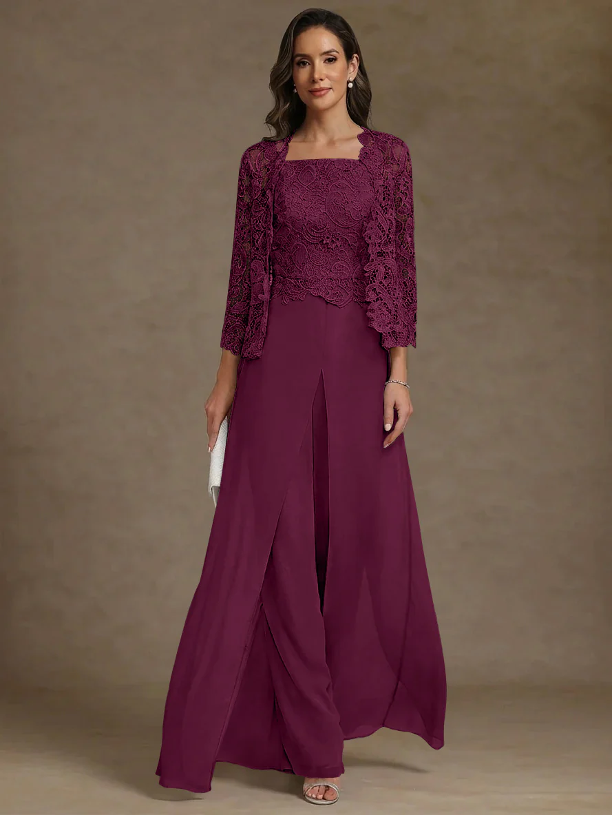 3 Pieces Square Collar Chiffon Mother of the Bride Pantsuits with Jacket Lace Ankle-Length with Overskirt Long Sleeves - Image 37