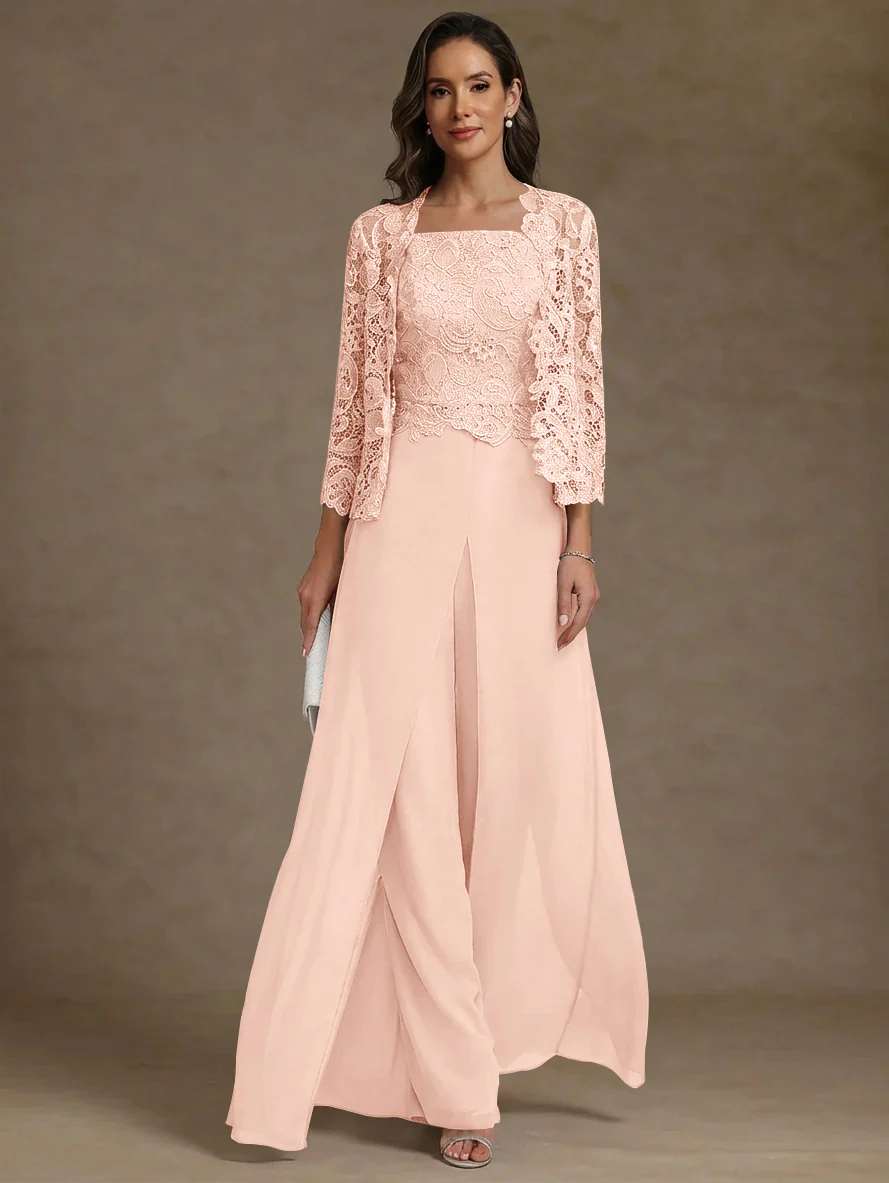 3 Pieces Square Collar Chiffon Mother of the Bride Pantsuits with Jacket Lace Ankle-Length with Overskirt Long Sleeves - Image 40