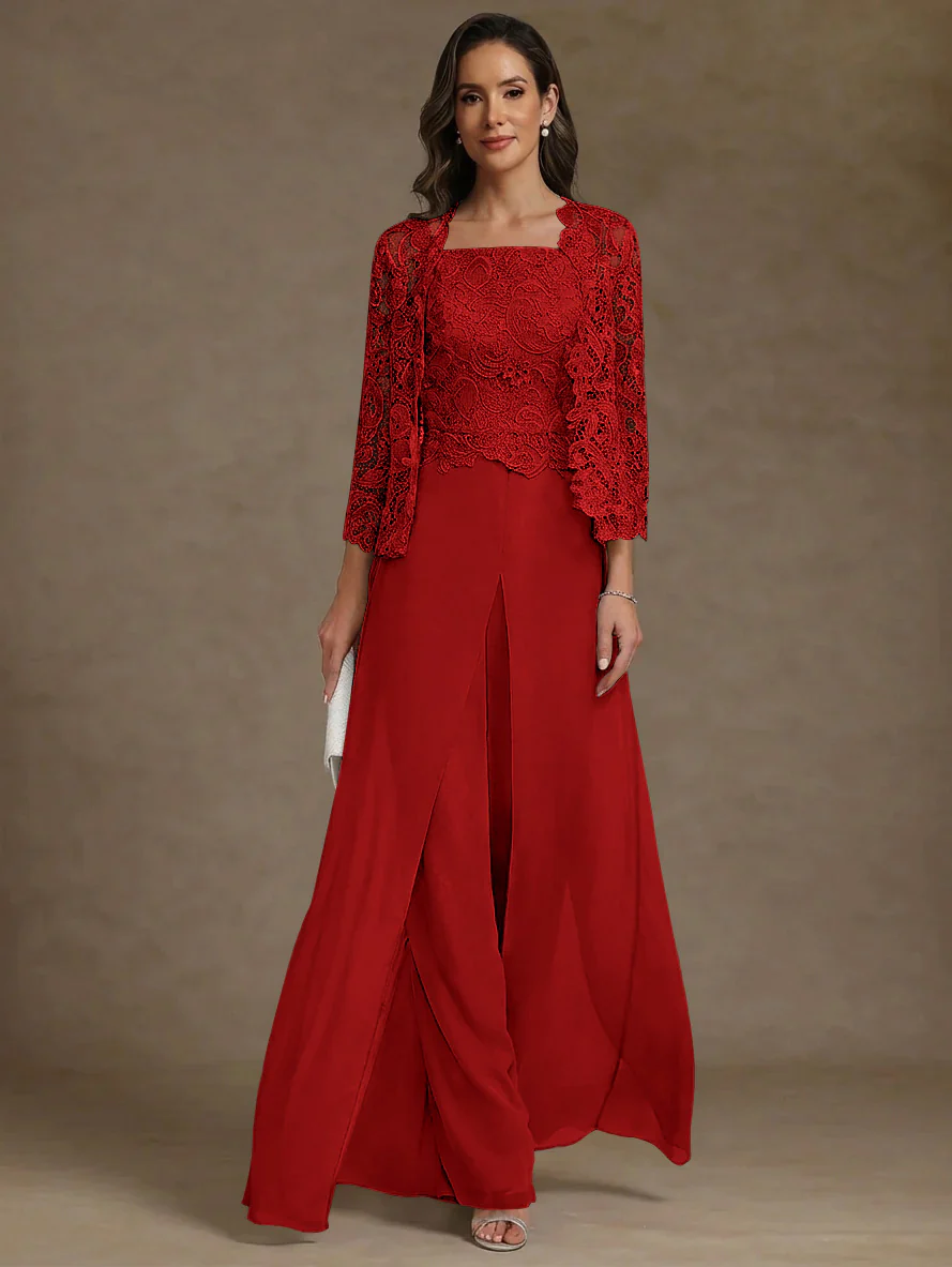 3 Pieces Square Collar Chiffon Mother of the Bride Pantsuits with Jacket Lace Ankle-Length with Overskirt Long Sleeves - Image 42
