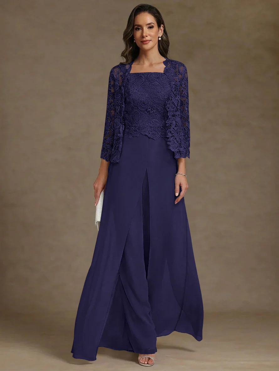 3 Pieces Square Collar Chiffon Mother of the Bride Pantsuits with Jacket Lace Ankle-Length with Overskirt Long Sleeves - Image 43