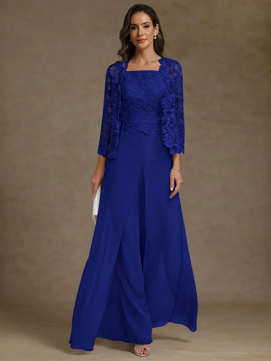 3 Pieces Square Collar Chiffon Mother of the Bride Pantsuits with Jacket Lace Ankle-Length with Overskirt Long Sleeves - Image 44