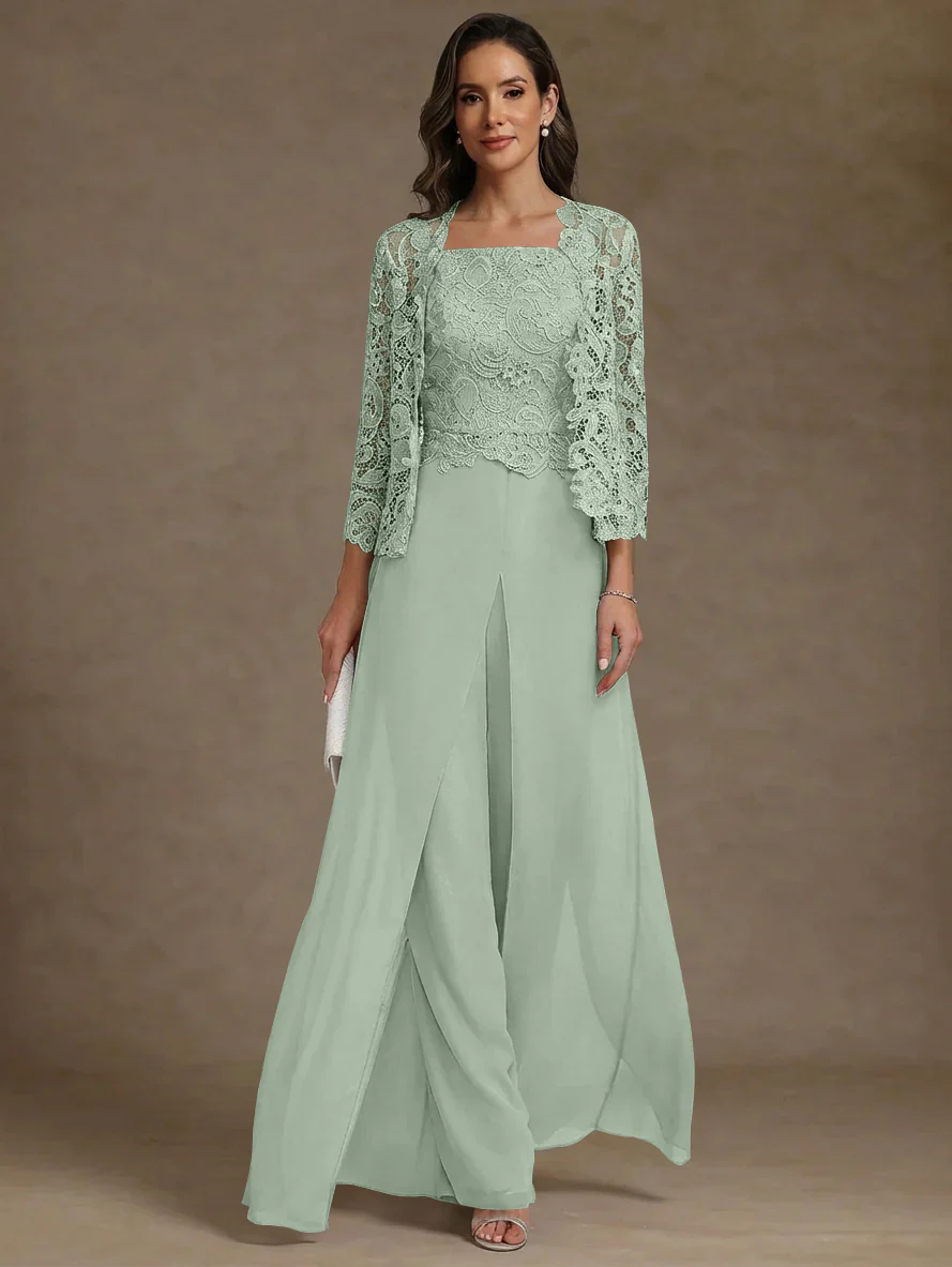 3 Pieces Square Collar Chiffon Mother of the Bride Pantsuits with Jacket Lace Ankle-Length with Overskirt Long Sleeves - Image 45