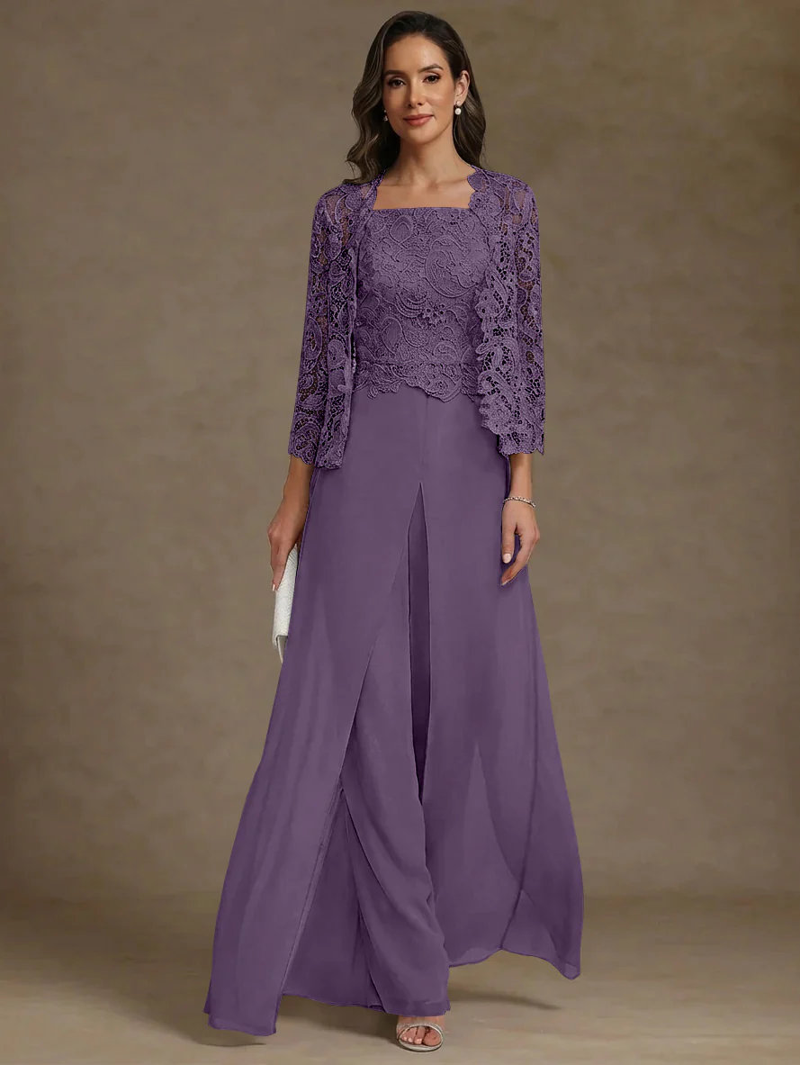 3 Pieces Square Collar Chiffon Mother of the Bride Pantsuits with Jacket Lace Ankle-Length with Overskirt Long Sleeves - Image 49