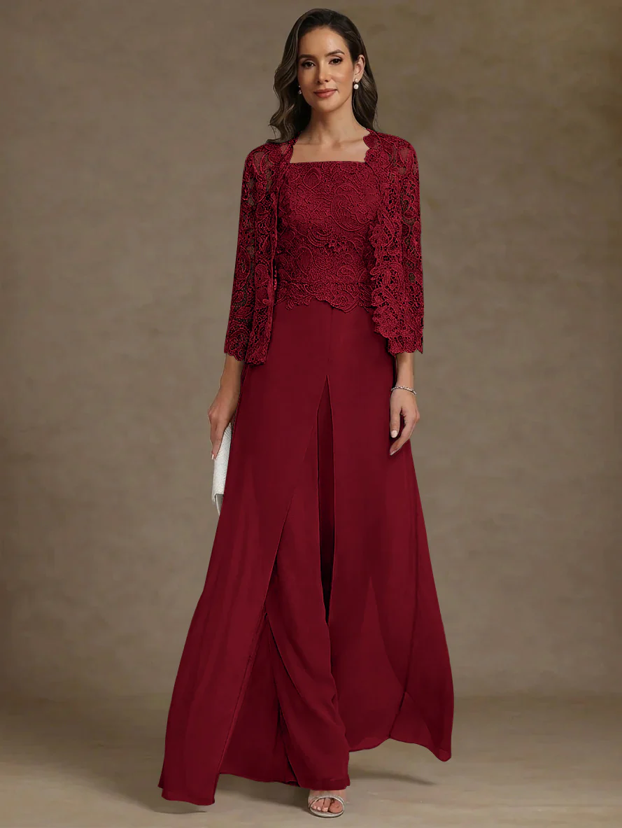3 Pieces Square Collar Chiffon Mother of the Bride Pantsuits with Jacket Lace Ankle-Length with Overskirt Long Sleeves - Image 53