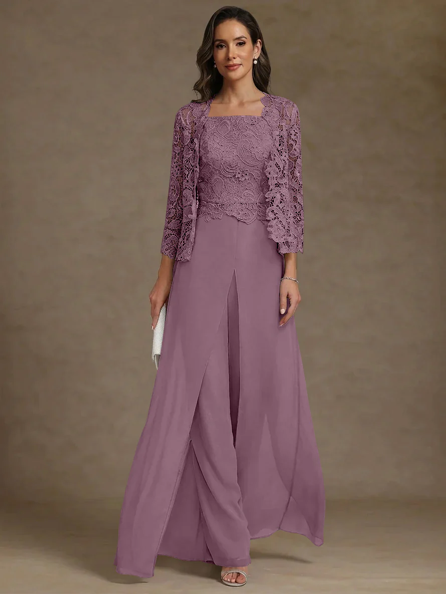 3 Pieces Square Collar Chiffon Mother of the Bride Pantsuits with Jacket Lace Ankle-Length with Overskirt Long Sleeves - Image 54