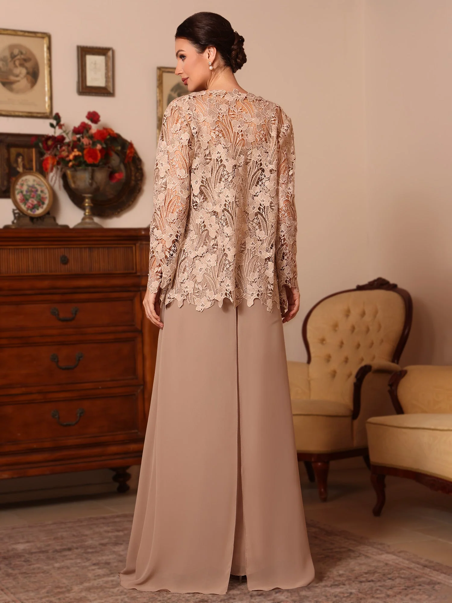 3 Pieces Square Collar Chiffon Mother of the Bride Pantsuits with Jacket Overskirt Lace Floor-Length Long Sleeves - Image 2