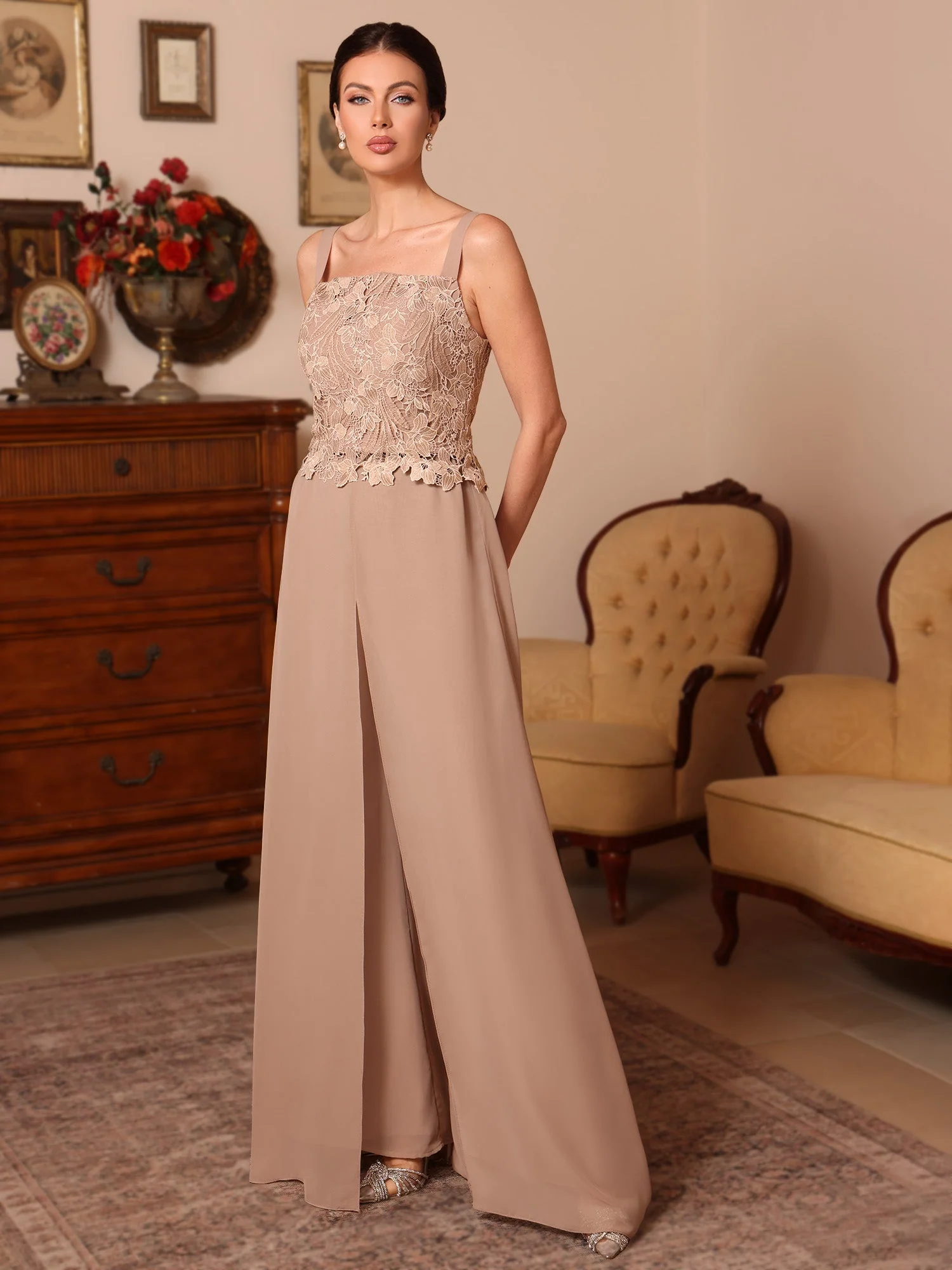 3 Pieces Square Collar Chiffon Mother of the Bride Pantsuits with Jacket Overskirt Lace Floor-Length Long Sleeves - Image 3