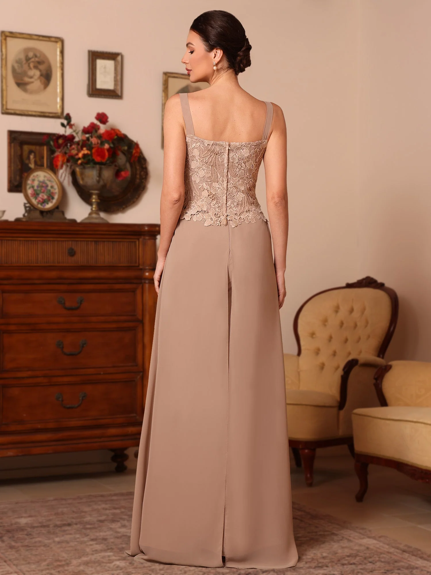 3 Pieces Square Collar Chiffon Mother of the Bride Pantsuits with Jacket Overskirt Lace Floor-Length Long Sleeves - Image 4