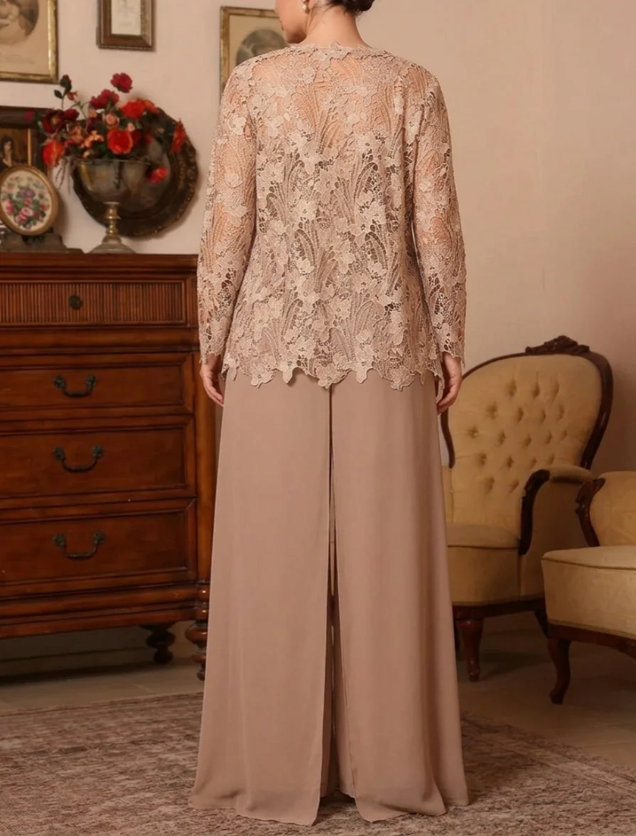 3 Pieces Square Collar Chiffon Plus Size Mother of the Bride Pantsuits with Jacket Overskirt Lace Floral Floor-Length Long Sleeves - Image 2