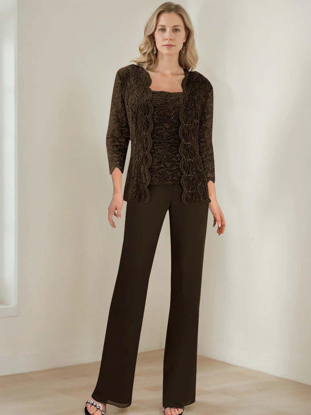 3 Pieces Square Neck 3/4 Sleeves Floor-Length Mother of the Bride Pantsuits with Sequins - Image 11