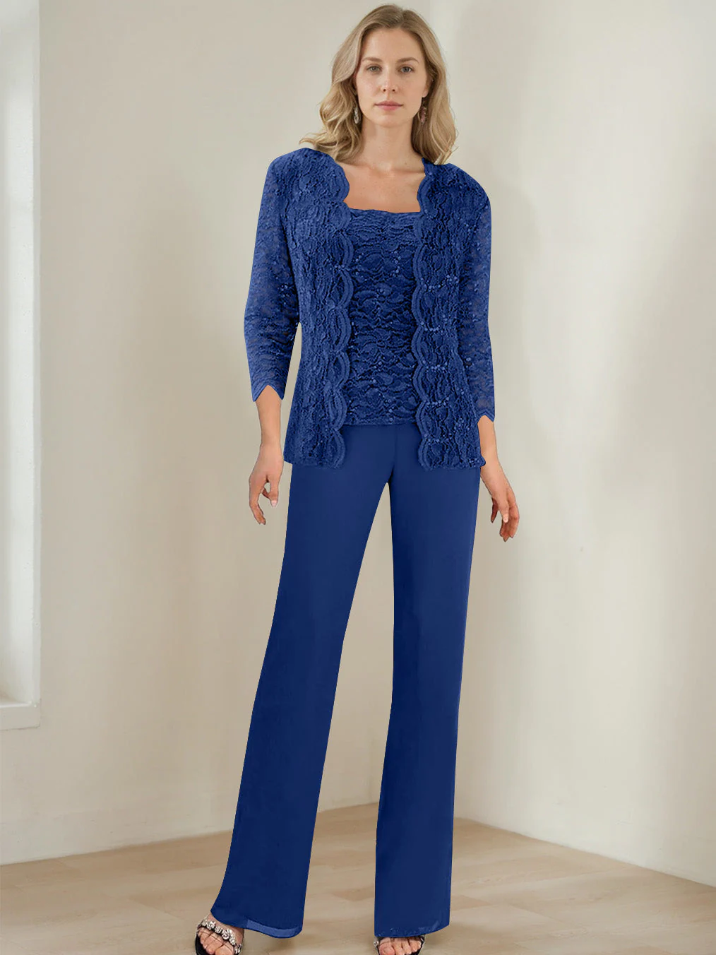 3 Pieces Square Neck 3/4 Sleeves Floor-Length Mother of the Bride Pantsuits with Sequins - Image 15