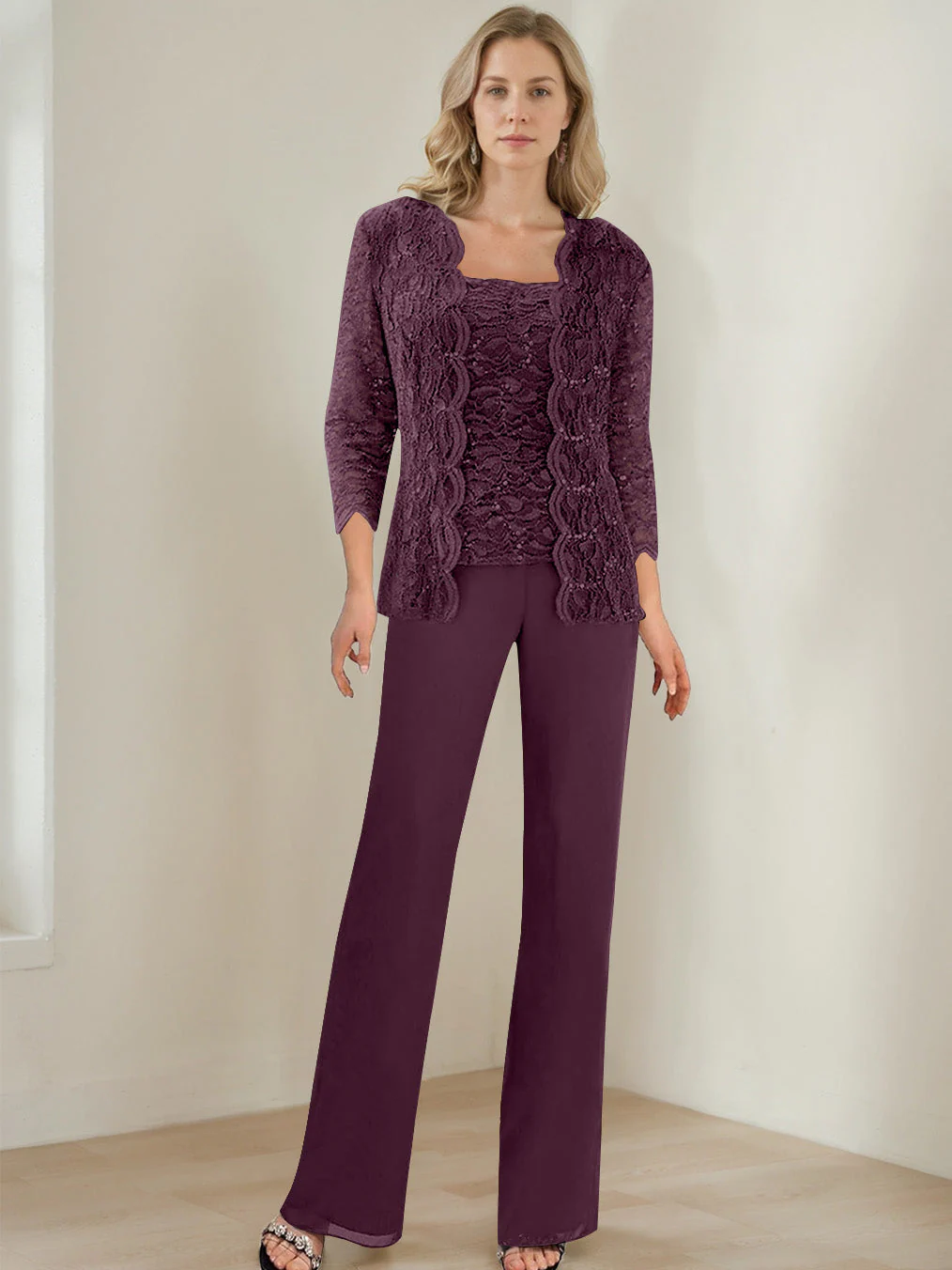 3 Pieces Square Neck 3/4 Sleeves Floor-Length Mother of the Bride Pantsuits with Sequins - Image 22