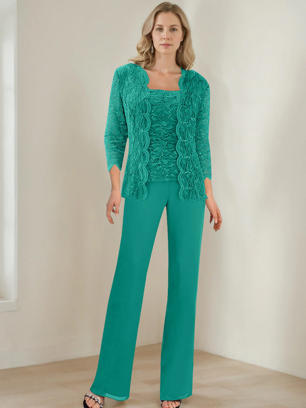 3 Pieces Square Neck 3/4 Sleeves Floor-Length Mother of the Bride Pantsuits with Sequins - Image 26