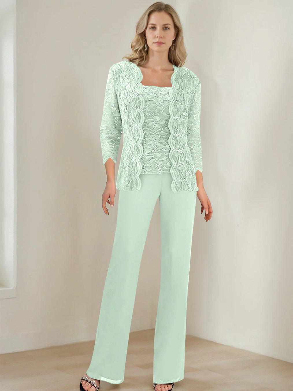 3 Pieces Square Neck 3/4 Sleeves Floor-Length Mother of the Bride Pantsuits with Sequins - Image 30