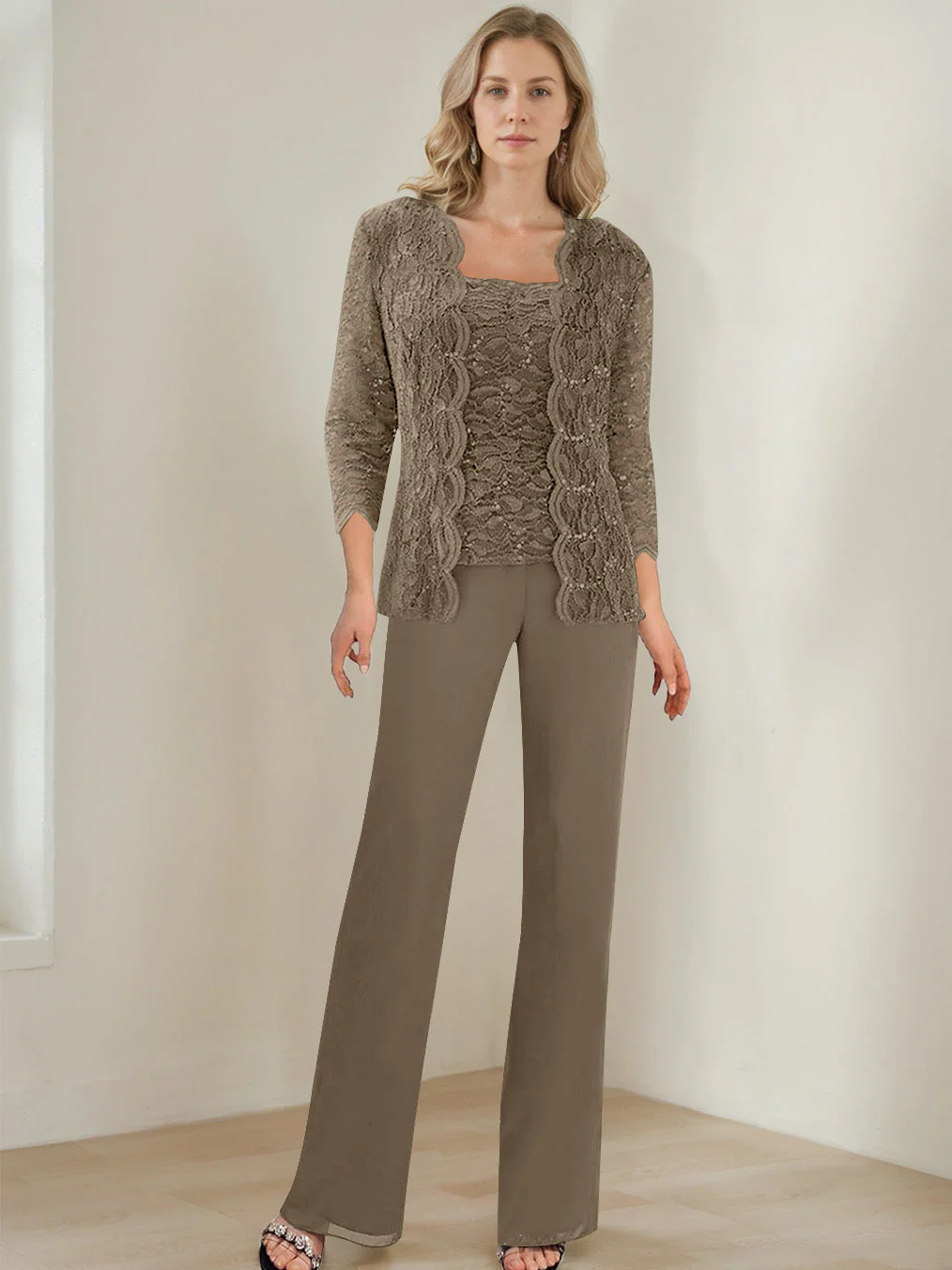 3 Pieces Square Neck 3/4 Sleeves Floor-Length Mother of the Bride Pantsuits with Sequins - Image 50