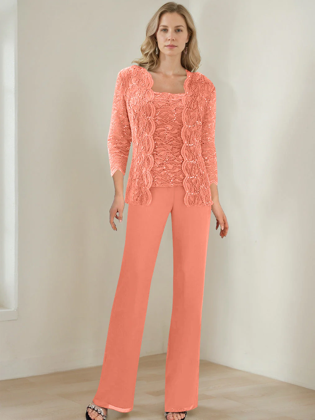 3 Pieces Square Neck 3/4 Sleeves Floor-Length Mother of the Bride Pantsuits with Sequins - Image 51