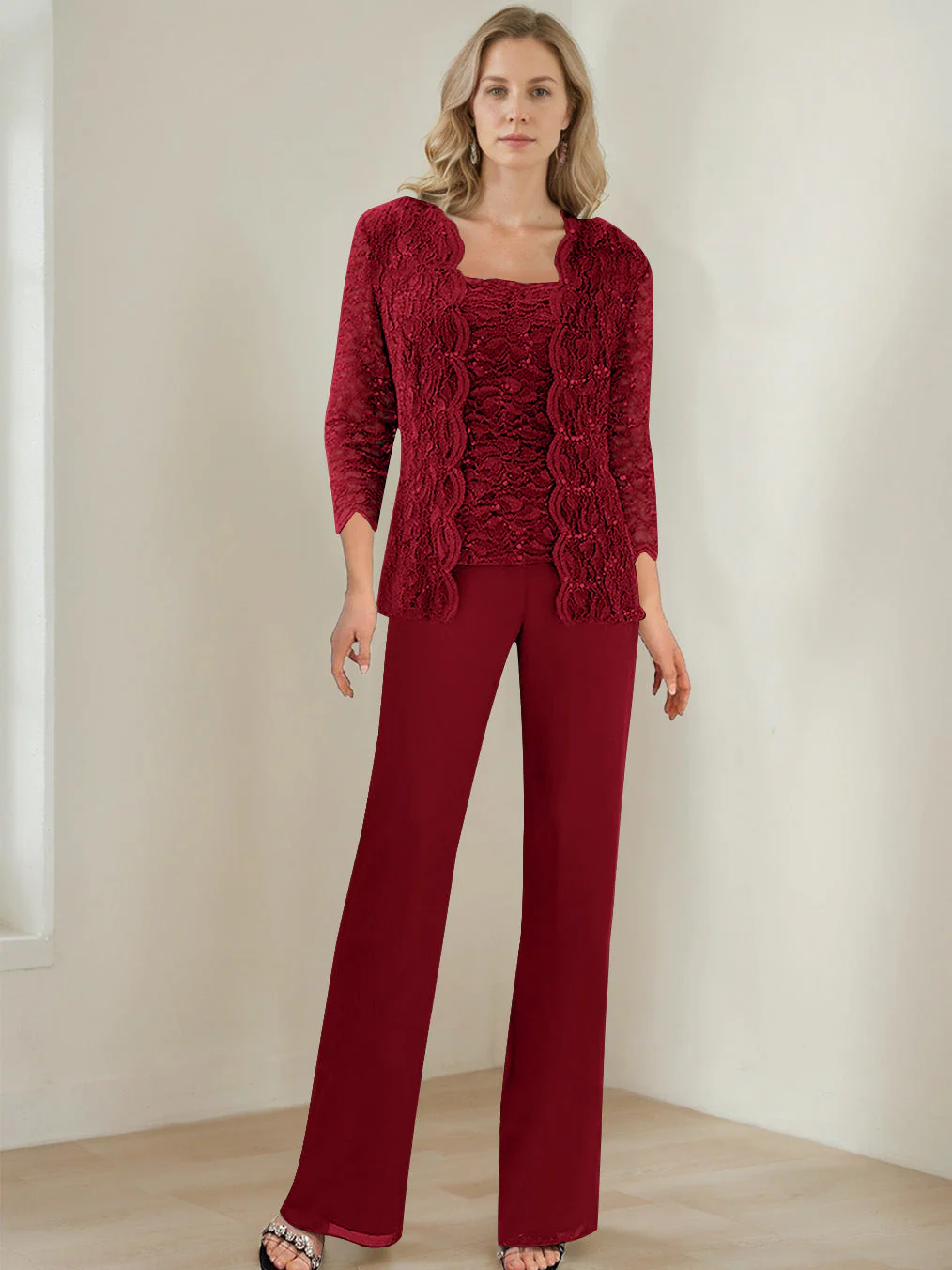 3 Pieces Square Neck 3/4 Sleeves Floor-Length Mother of the Bride Pantsuits with Sequins - Image 53