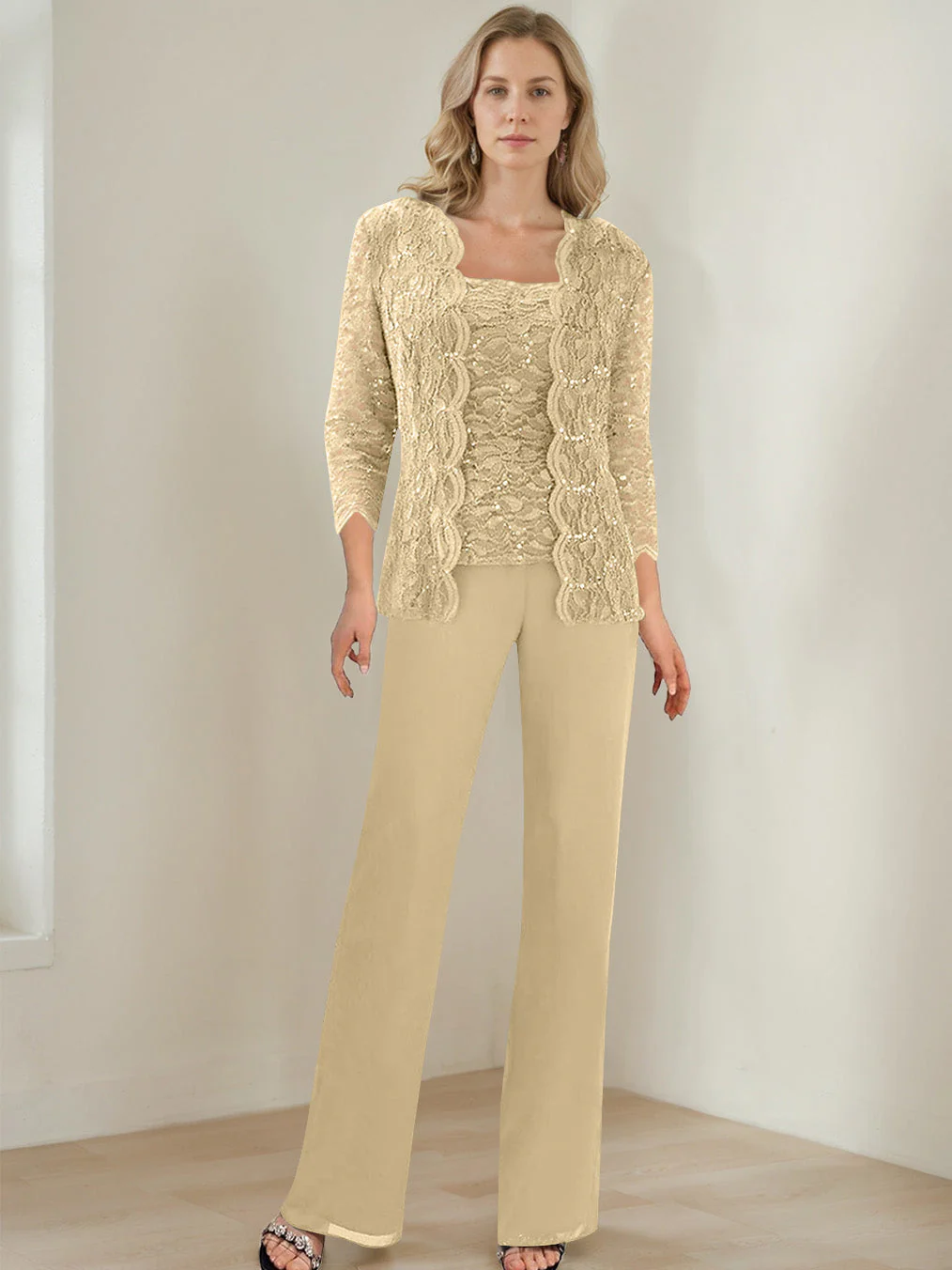 3 Pieces Square Neck 3/4 Sleeves Floor-Length Mother of the Bride Pantsuits with Sequins - Image 9
