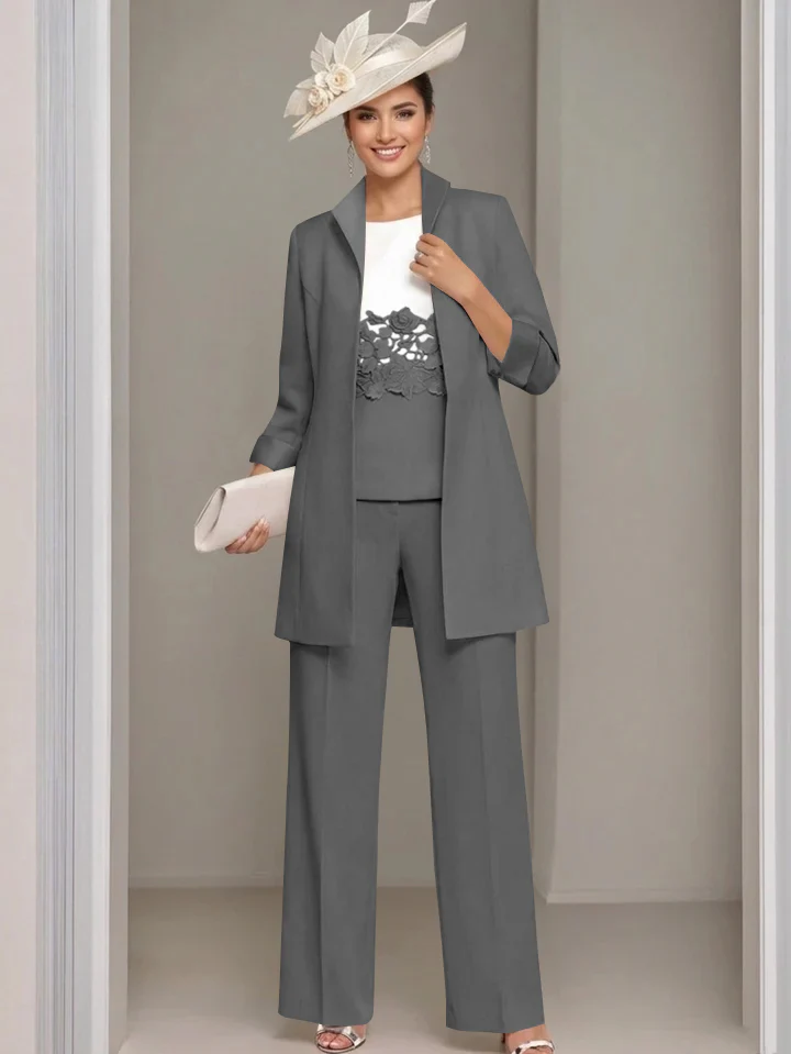 3 Pieces Square-Neck Ankle Length Mother of the Bride Pantsuits with Jacket & Appliques Lace - Image 15