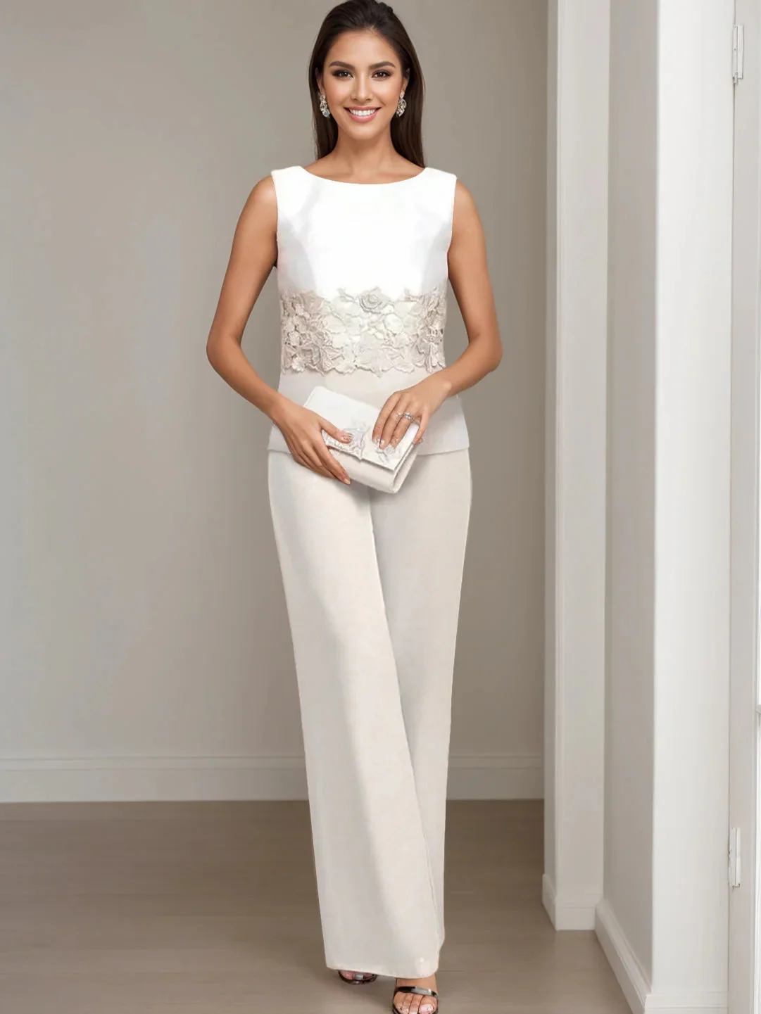 3 Pieces Square-Neck Ankle Length Mother of the Bride Pantsuits with Jacket & Appliques Lace - Image 2