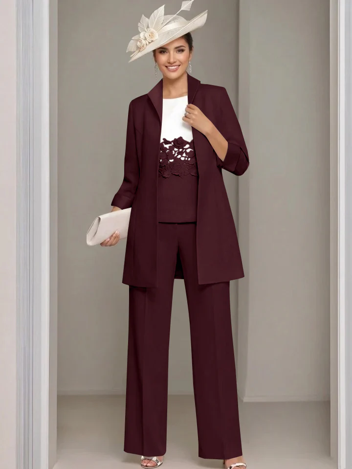 3 Pieces Square-Neck Ankle Length Mother of the Bride Pantsuits with Jacket & Appliques Lace - Image 9