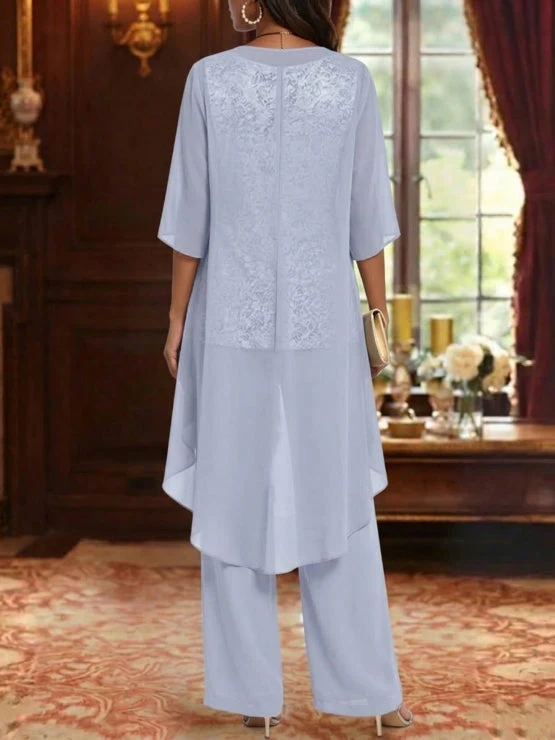 3 Pieces Suit Chiffon Mother of the Bride Pantsuits with Jacket Scoop 3/4 Sleeves Ankle Length Lace - Image 2