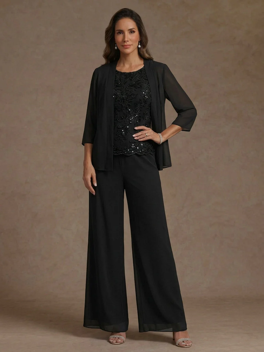 3 Pieces Suit Chiffon Mother of the Bride Pantsuits with Jacket Scoop 3/4 Sleeves Ankle Length Lace Sequins - Image 5