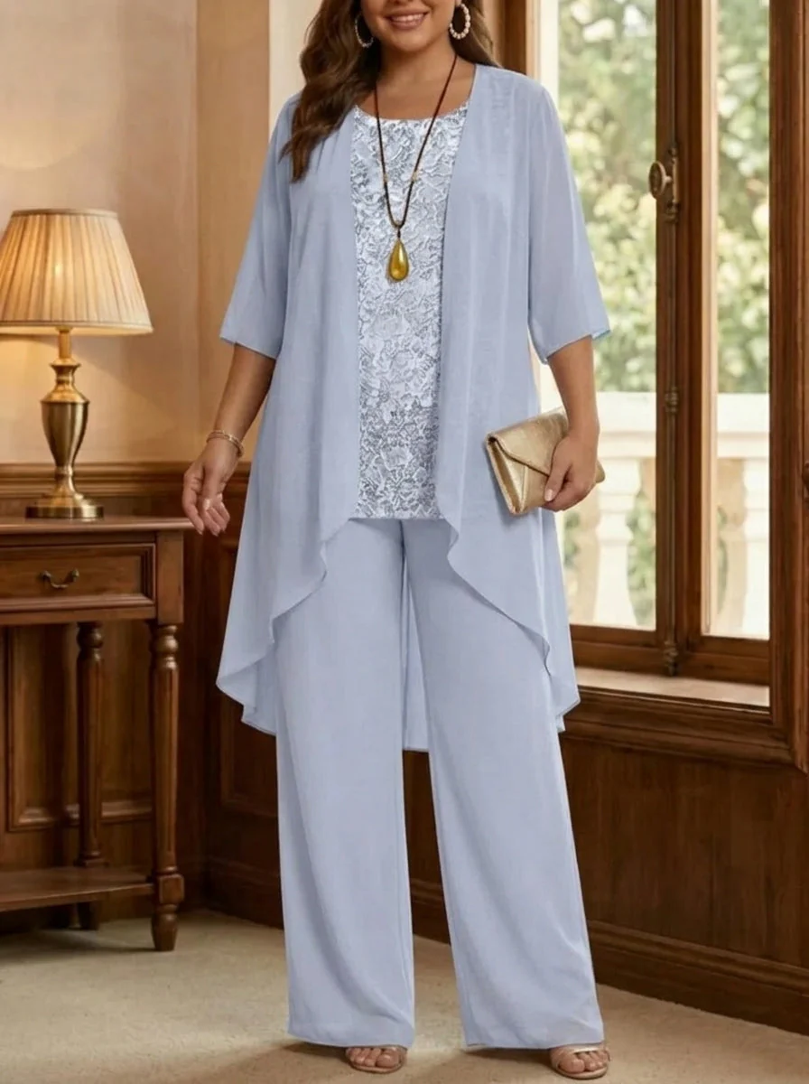 3 Pieces Suit Chiffon Plus Size Mother of the Bride Pantsuits with Jacket Scoop 3/4 Sleeves Ankle Length Lace