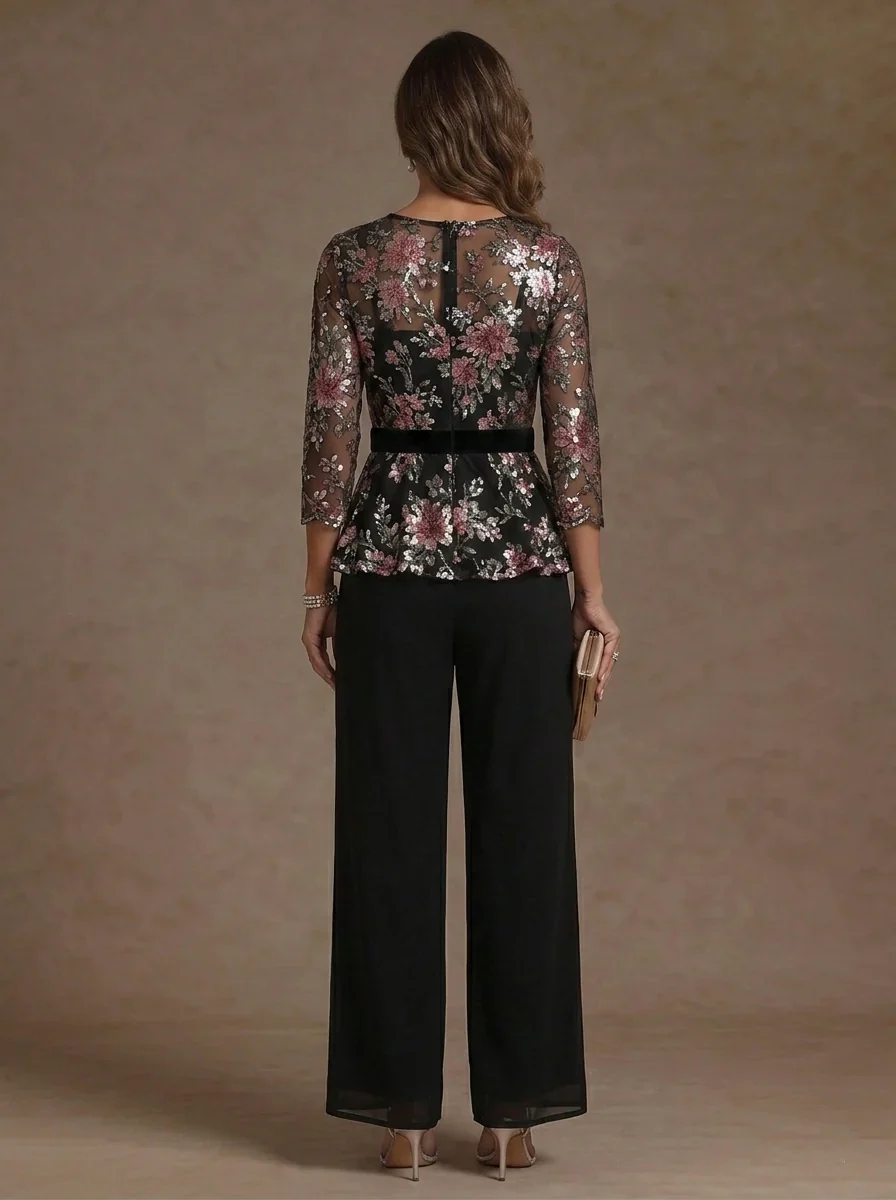 3 Pieces Suit Scoop Chiffon Mother of the Bride Pantsuits Floral 3/4 Sleeves Ankle-Length - Image 2