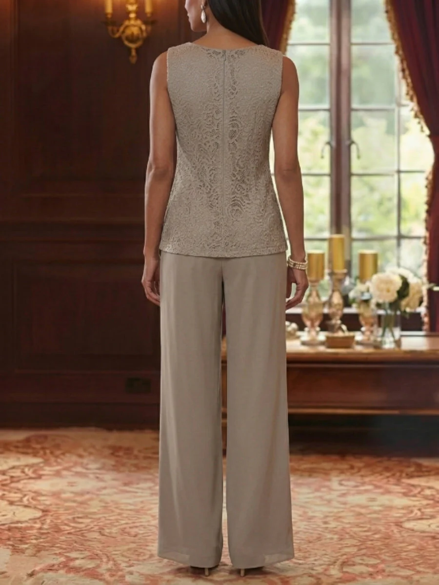 3 Pieces Suit Scoop Chiffon Mother of the Bride Pantsuits with Jacket 3/4 Sleeves Lace Ankle-Length - Image 4