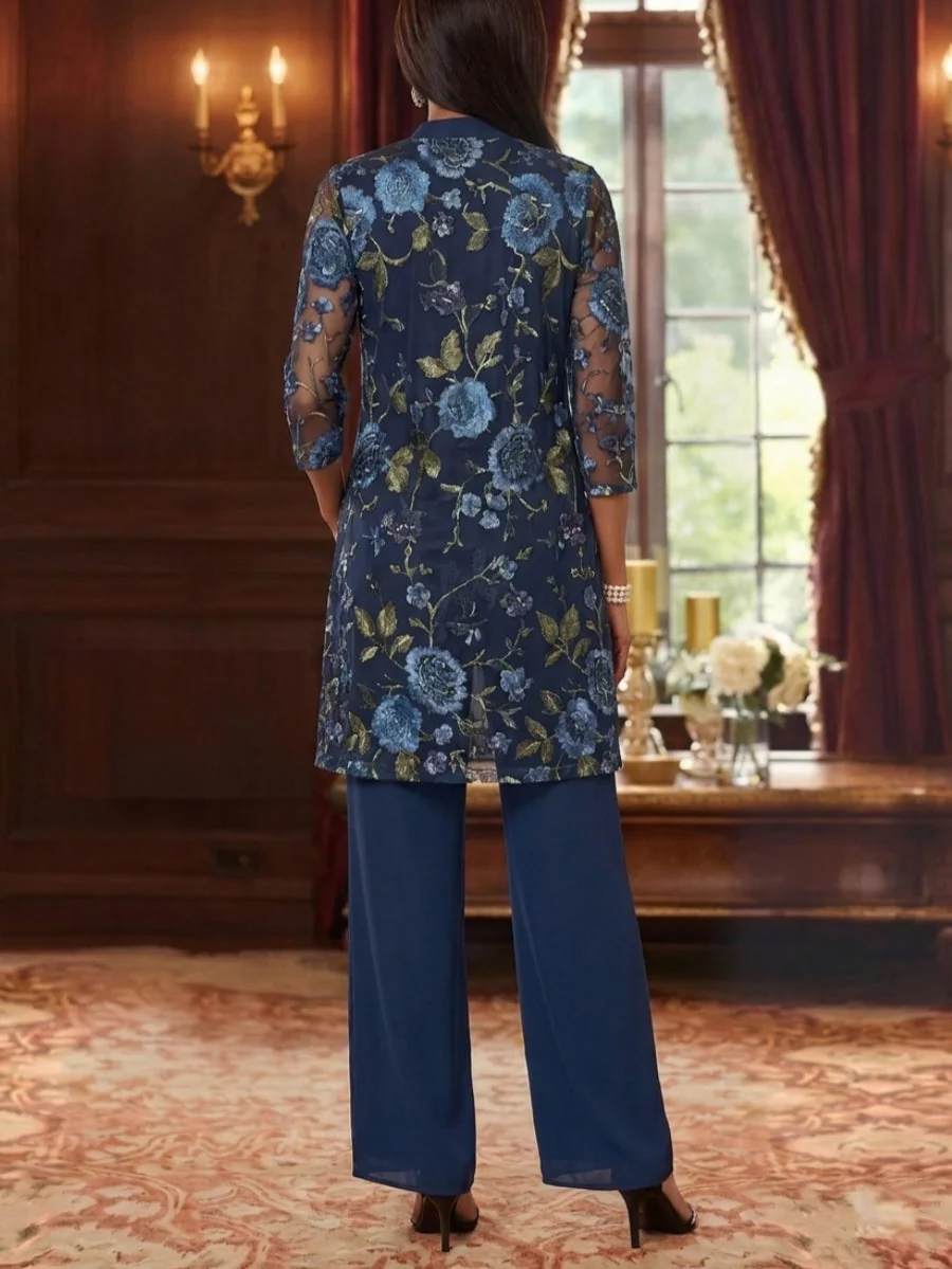 3 Pieces Suit Scoop Chiffon Mother of the Bride Pantsuits with Jacket Floral 3/4 Sleeves Ankle-Length - Image 2