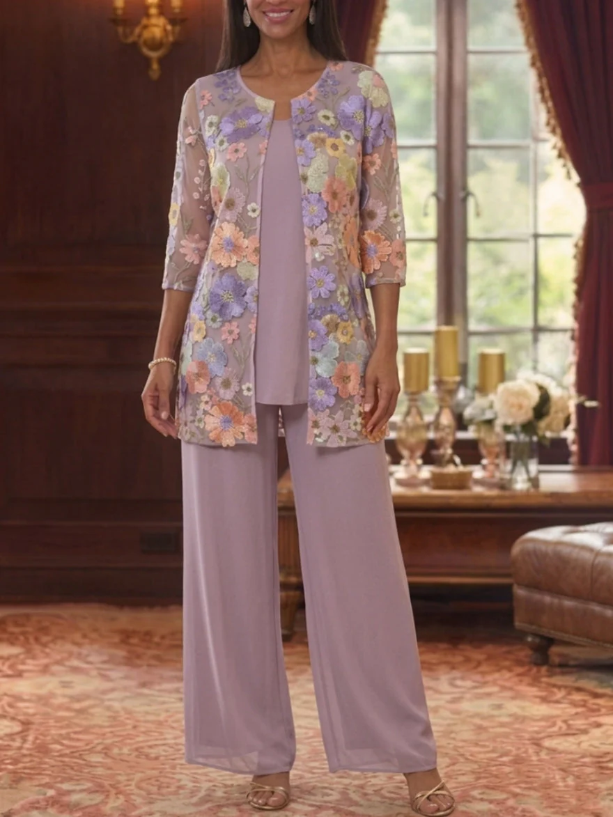 3 Pieces Suit Scoop Chiffon Mother of the Bride Pantsuits with Jacket Half Sleeves Lace Floral Ankle-Length