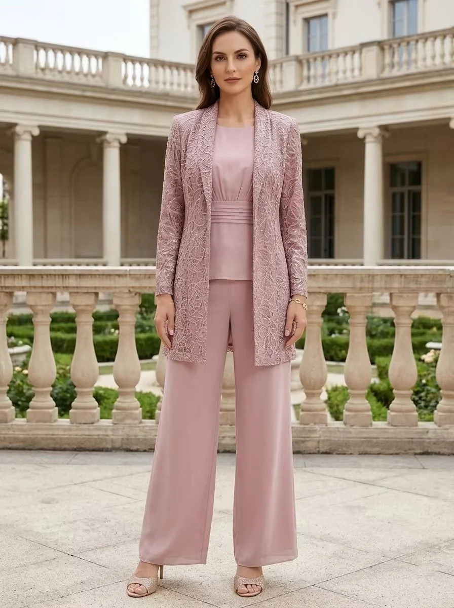 3 Pieces Suit Scoop Chiffon Mother of the Bride Pantsuits with Jacket Long Sleeves Ankle-Length Lace - Image 5