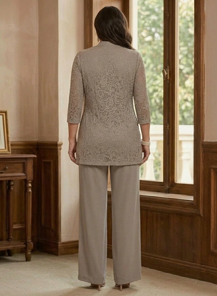 3 Pieces Suit Scoop Chiffon Plus Size Mother of the Bride Pantsuits with Jacket 3/4 Sleeves Lace Ankle-Length - Image 2