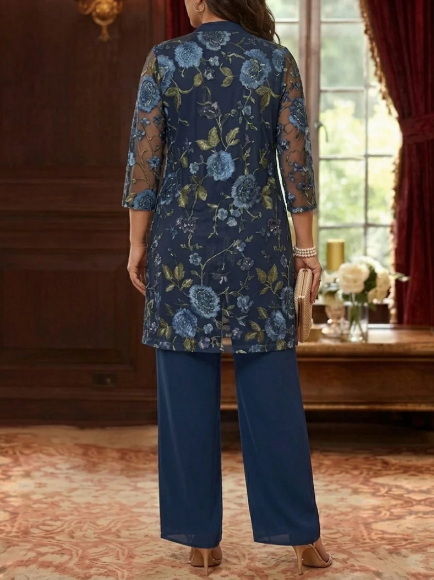 3 Pieces Suit Scoop Chiffon Plus Size Mother of the Bride Pantsuits with Jacket Floral 3/4 Sleeves Ankle-Length - Image 2