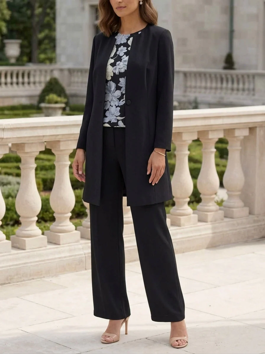 3 Pieces Suit Scoop Stretch Satin Mother of the Bride Pantsuits with Jacket Long Sleeves Floral Ankle-Length - Image 6