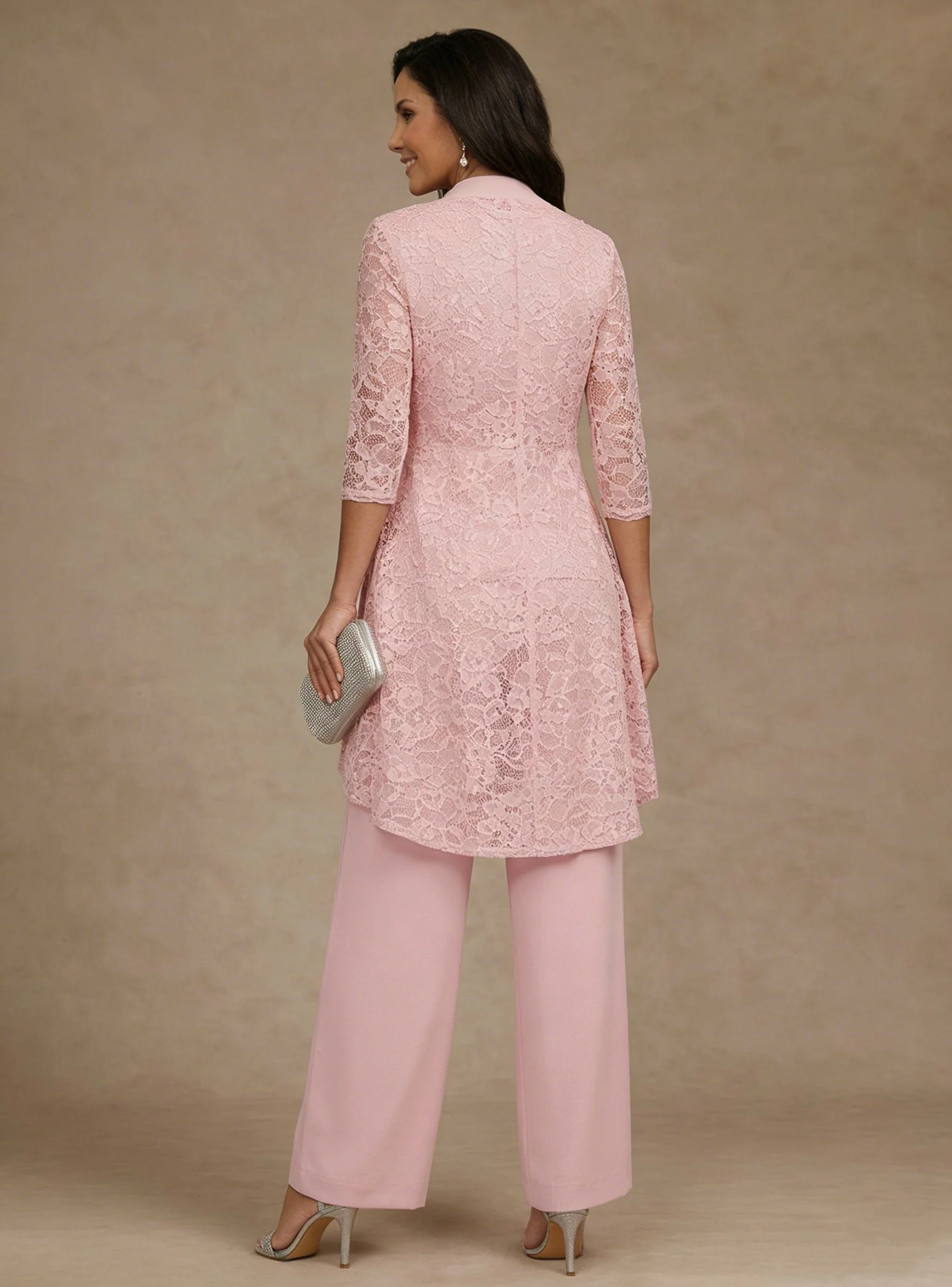 3 Pieces Suit V-Neck Chiffon Mother of the Bride Pantsuits with Jacket Lace Ankle-Length 3/4 Sleeves - Image 2