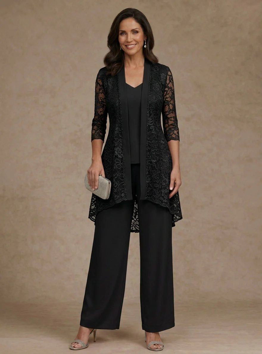3 Pieces Suit V-Neck Chiffon Mother of the Bride Pantsuits with Jacket Lace Ankle-Length 3/4 Sleeves - Image 5