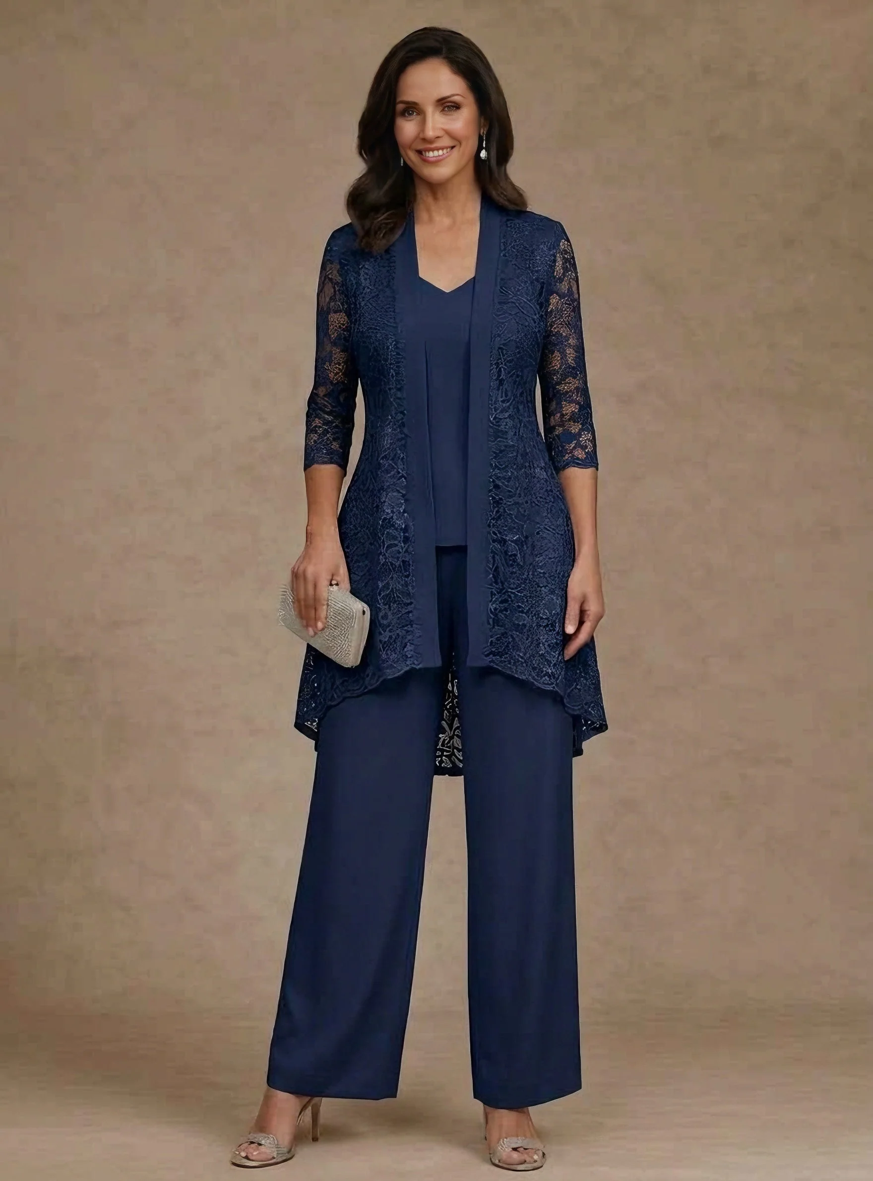 3 Pieces Suit V-Neck Chiffon Mother of the Bride Pantsuits with Jacket Lace Ankle-Length 3/4 Sleeves - Image 6