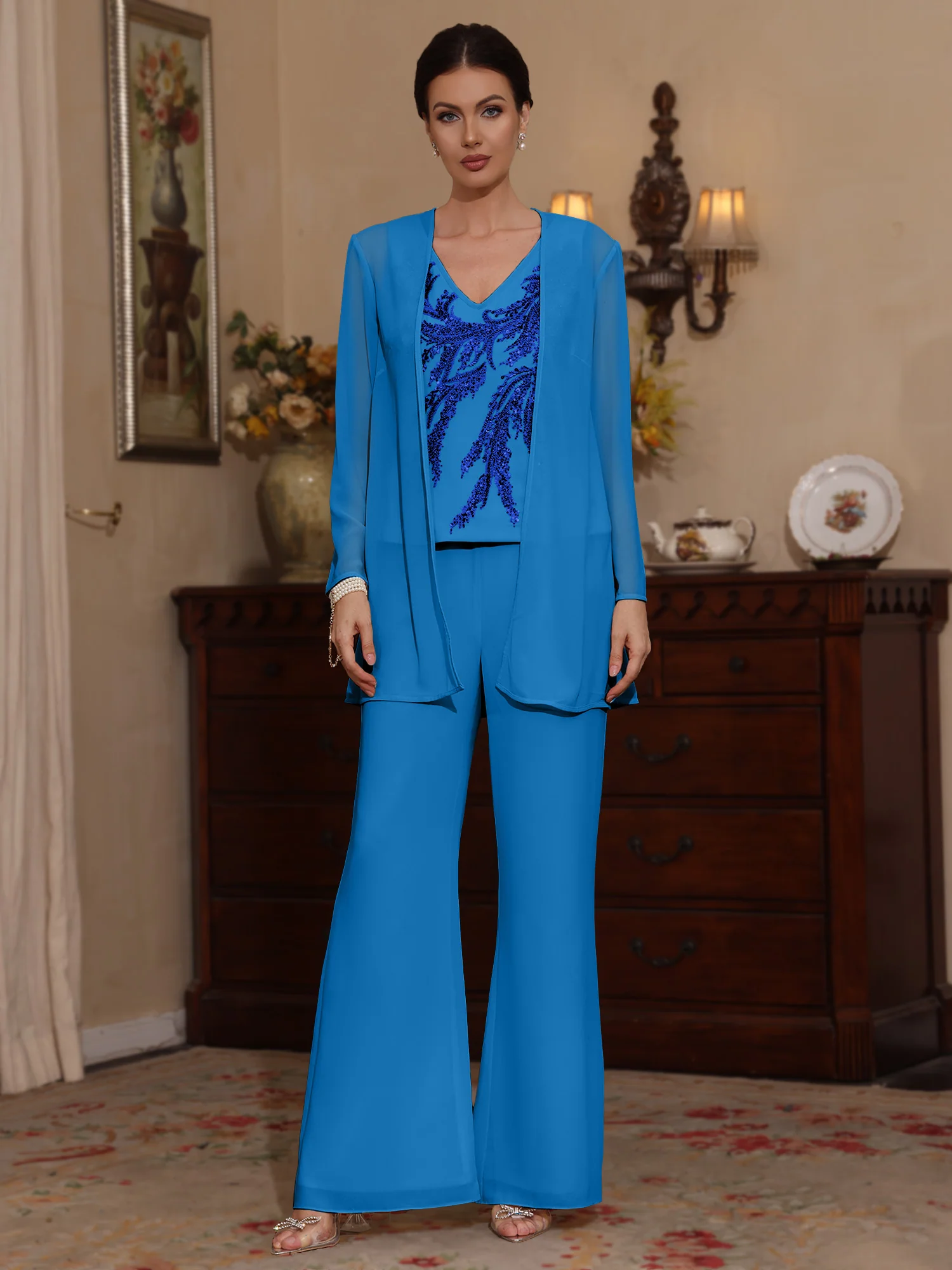3 Pieces V-Neck Chiffon Mother of the Bride Pantsuits with Jacket Sequins Ankle-Length Long Sleeves - Image 18