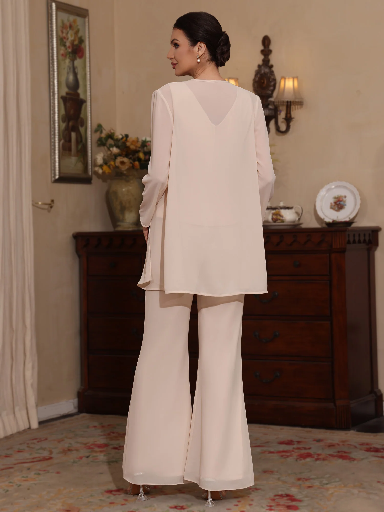 3 Pieces V-Neck Chiffon Mother of the Bride Pantsuits with Jacket Sequins Ankle-Length Long Sleeves - Image 2