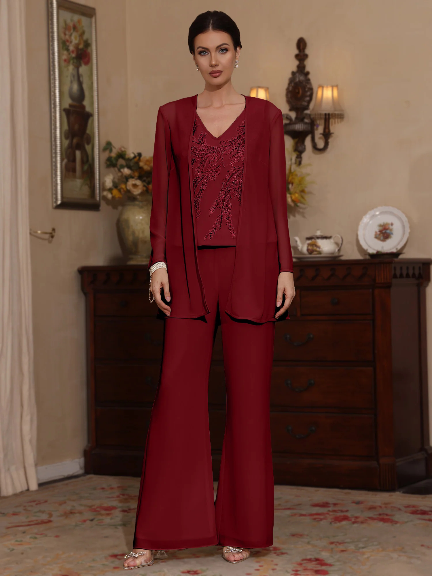 3 Pieces V-Neck Chiffon Mother of the Bride Pantsuits with Jacket Sequins Ankle-Length Long Sleeves - Image 7