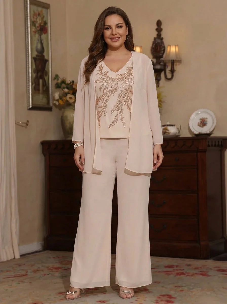 3 Pieces V-Neck Chiffon Plus Size Mother of the Bride Pantsuits with Jacket Sequins Ankle-Length Long Sleeves - Image 5