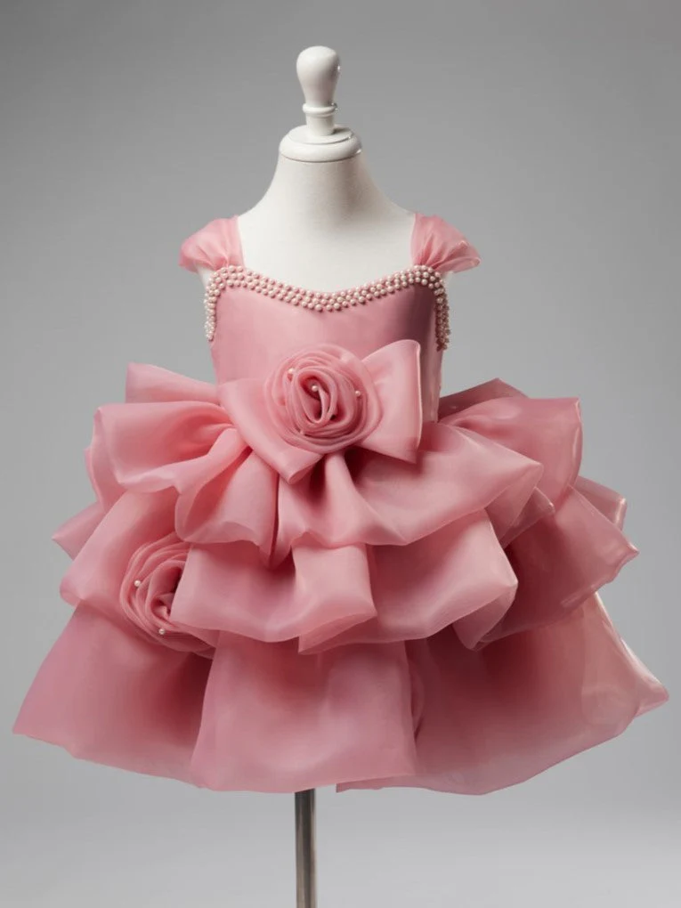 3D Flower Organza Knee-length 1st Birthday Party Baby Girl Dress - Image 9
