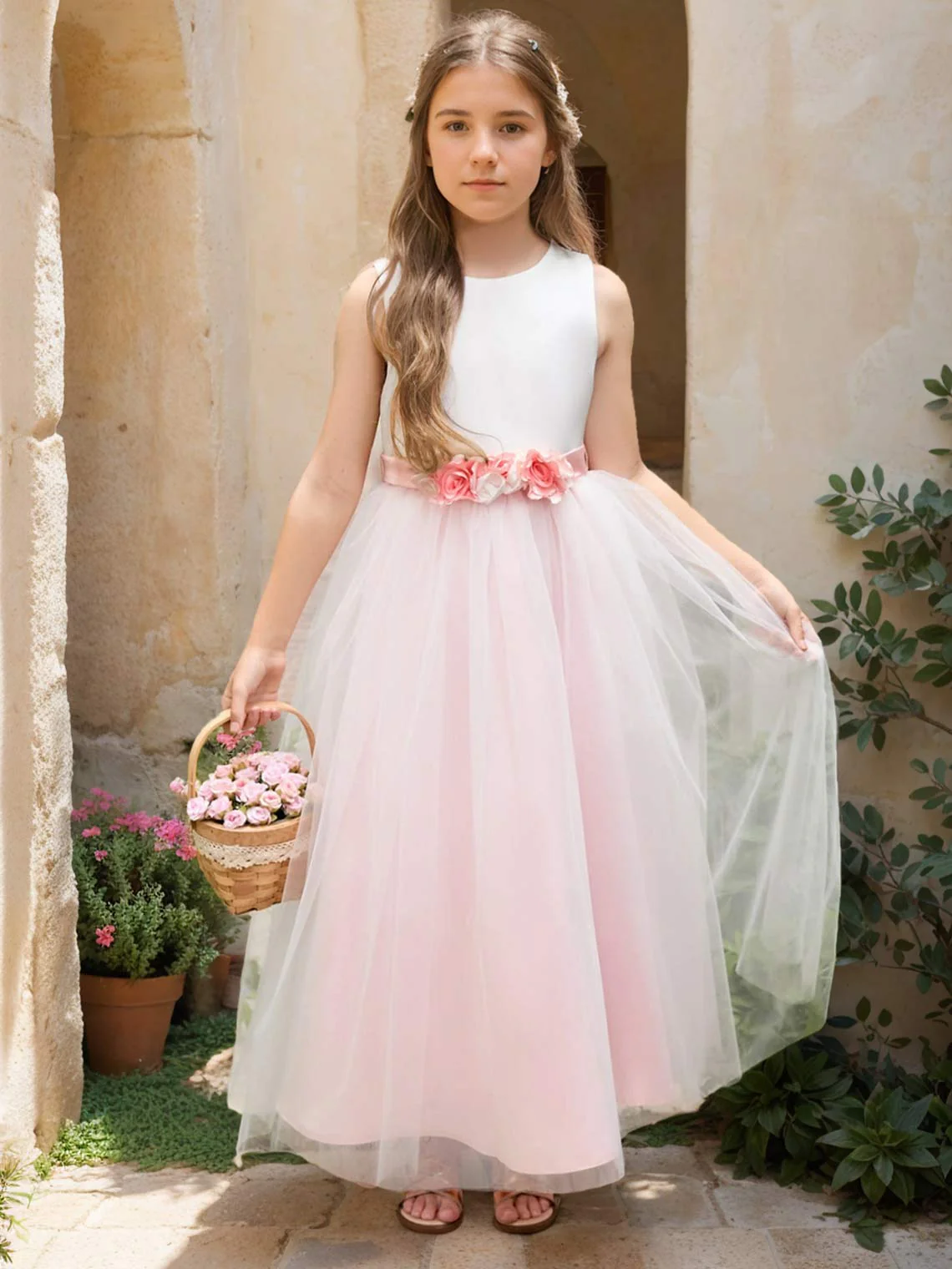 A-line 3D Flower Satin Tulle Ankle-length  Flower Girl Dress - Image 3